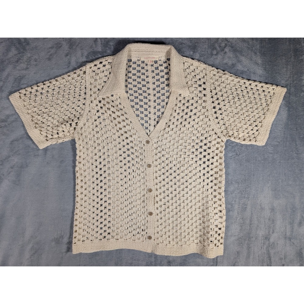 Solitaire Crochet Cardigan Top Womens Small Cream Open Knit Button Front Collar